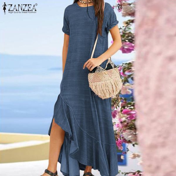 

zanzea women bohemian asymmetric dress summer solid maxi long sundress plus size flounce dresses ruffles hem vestido kaftan, Black;gray