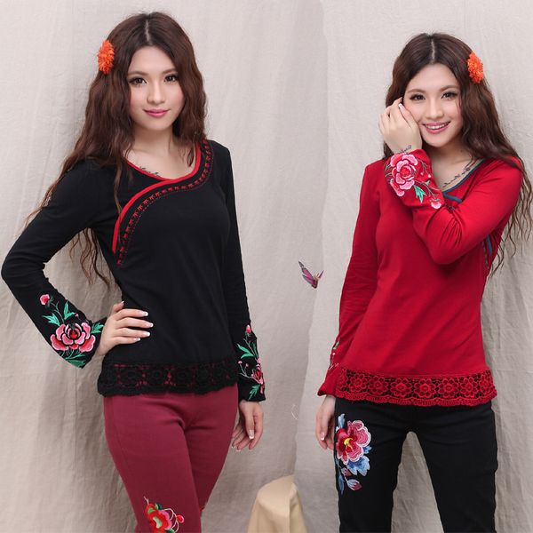 new national trend women slim basic o-neck long-sleeve cotton shirt female embroidered t-shirt vintage all-match pullover, Red
new national trend women slim basic o-neck long-sleeve cotton shirt female embroidered t-shirt vintage all-match pullover, Red