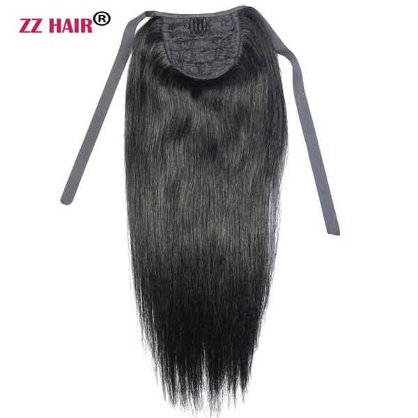 

zzhair 60g 16"-" machine made remy hair ribbon ponytail clips-in human hair extensions horsetail natural straight, Black;brown