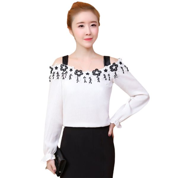 women blouse embroidery chiffon blouses strap women's shirt slash neck cold shoulder elegant mujer camisa feminina clothes, White
women blouse embroidery chiffon blouses strap women's shirt slash neck cold shoulder elegant mujer camisa feminina clothes, White