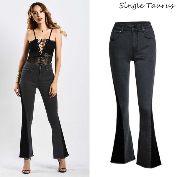 

black flare pants women fashion high street england style jeans women panelled spliced vintage denim pant office lady jeans 2019, Blue