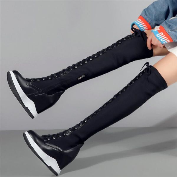 lace up pumps shoes women genuine leather wedges high heel knee high boots female round toe platform thigh fashion sneakers, Black
lace up pumps shoes women genuine leather wedges high heel knee high boots female round toe platform thigh fashion sneakers, Black