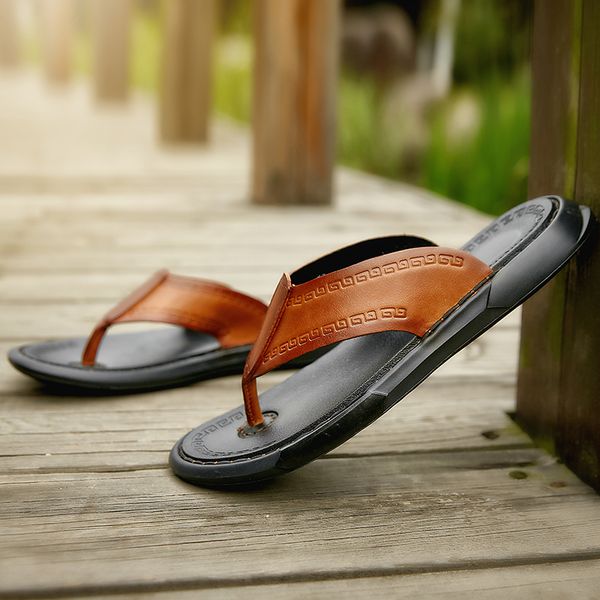 flip flops men 2019 leather summer beach sandals non-slip male slippers zapatos hombre soft outdoor casual shoes men flats brown, Black