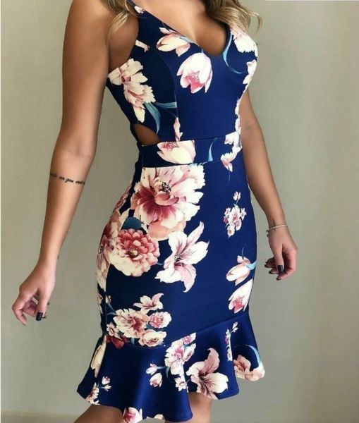 2019 новое женское уличное платье с v-образным вырезом с цветочным принтом платье из чешского пляжа в форме рыбьего хвоста платья в стиле кэ, Black;gray