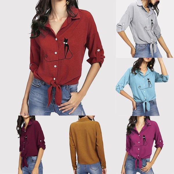 women fall print cat plus size knotted hem turn-down collar shirt long sleeve blouse button blusas mujer de moda #20, White
women fall print cat plus size knotted hem turn-down collar shirt long sleeve blouse button blusas mujer de moda #20, White