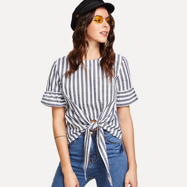 women cotton linen casual short sleeve fabala blouse summer breathable knotted striped shirt, White
women cotton linen casual short sleeve fabala blouse summer breathable knotted striped shirt, White
