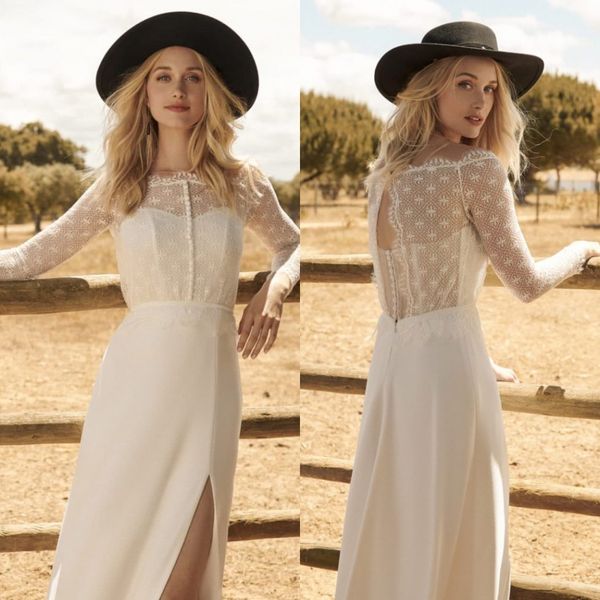 2020 modest rembo styling bohemian bateau long sleeve hollow side split wedding dresses lace wedding gowns floor length robe de mariée, White
2020 modest rembo styling bohemian bateau long sleeve hollow side split wedding dresses lace wedding gowns floor length robe de mariée, White