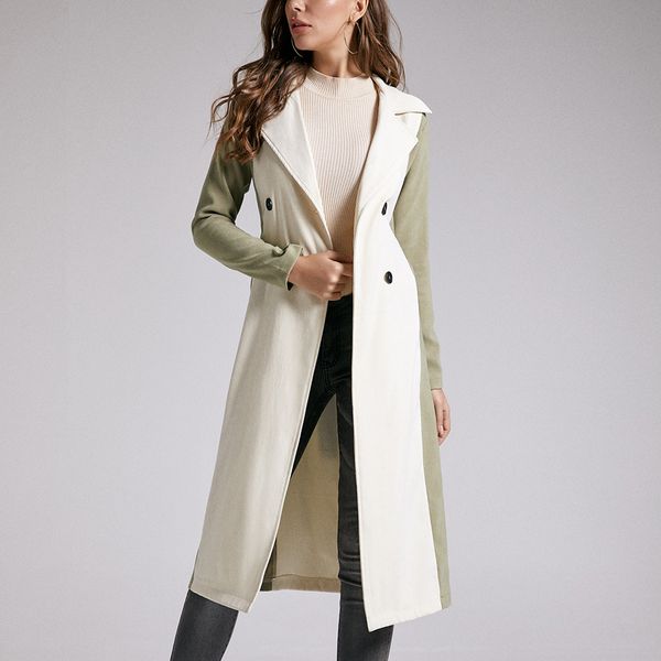 sbetro autumn and winter new fashion green and apricot woven color matching trench coat for women, White;black
sbetro autumn and winter new fashion green and apricot woven color matching trench coat for women, White;black