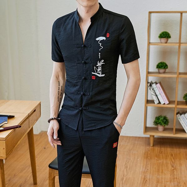mens designer tang suit cotton and short-sleeved t-shirt chinese style linen printing cardigan plate buckle slim two-piece set, White;black
mens designer tang suit cotton and short-sleeved t-shirt chinese style linen printing cardigan plate buckle slim two-piece set, White;black