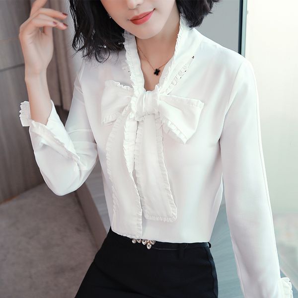 2019 new spring fashion women's clothing ruffles long sleeves shirts bow stand collar solid color chiffon blouse female, White
2019 new spring fashion women's clothing ruffles long sleeves shirts bow stand collar solid color chiffon blouse female, White
