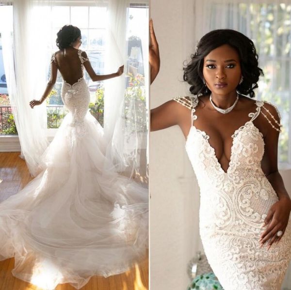 gorgeous spaghetti strap lace mermaid wedding dresses backless beaded tulle court train bridal dress plus size robes de soiree, White
gorgeous spaghetti strap lace mermaid wedding dresses backless beaded tulle court train bridal dress plus size robes de soiree, White
