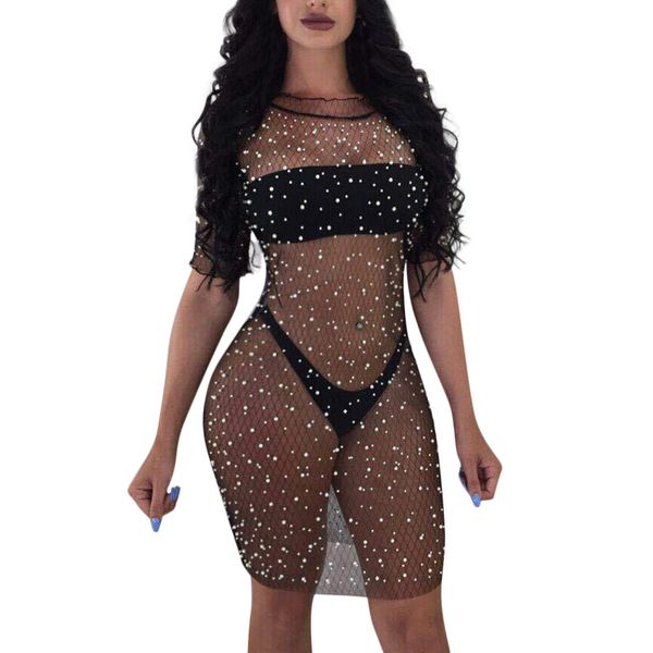 women sequins crystal mesh dress bikini cover up swimwear mini dress, Black;gray 
women sequins crystal mesh dress bikini cover up swimwear mini dress, Black;gray