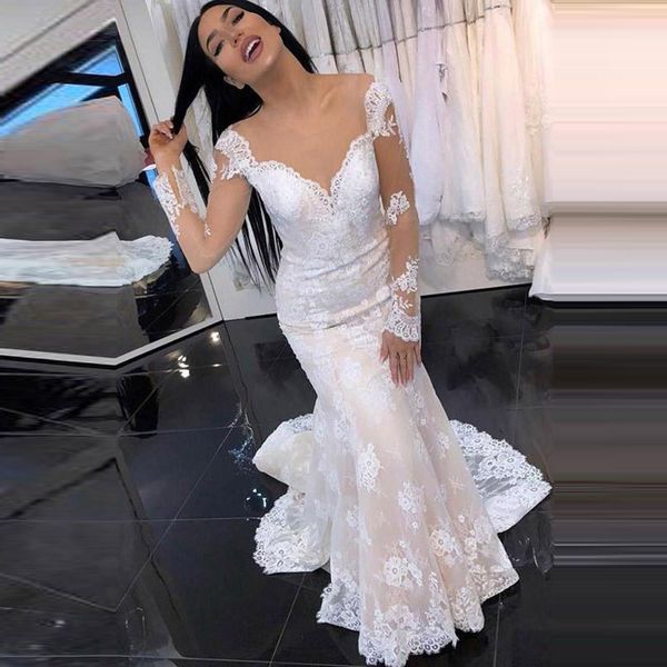 new romantic appliqued mermaid wedding dresses lace long sleeves illusion scoop sweep train bridal gown custom made, White
new romantic appliqued mermaid wedding dresses lace long sleeves illusion scoop sweep train bridal gown custom made, White