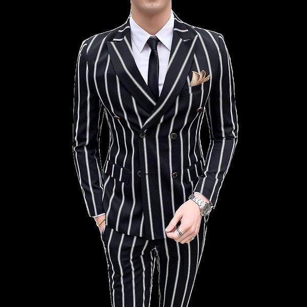 

luxury men's striped wedding casual tuxedo men's british slim suit 2pcs quality business social club suit costume homme, White;black