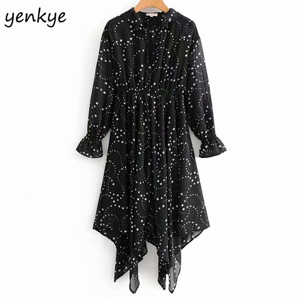 women star print vintage black long dress lace up o neck long sleeve elastic waist slim hem asymmetric dress djf6970, Black;gray
women star print vintage black long dress lace up o neck long sleeve elastic waist slim hem asymmetric dress djf6970, Black;gray