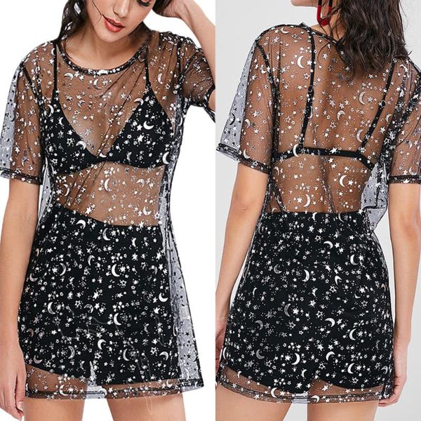 new fashion above knee dress star and moon splicing perspective dress nightclub transparent ropa mujer #c, White;black 
new fashion above knee dress star and moon splicing perspective dress nightclub transparent ropa mujer #c, White;black