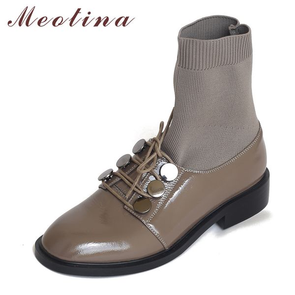 meotina autumn ankle boots women natural genuine leather flat short boots knitting round toe sock shoes female winter size 34-39, Black 
meotina autumn ankle boots women natural genuine leather flat short boots knitting round toe sock shoes female winter size 34-39, Black