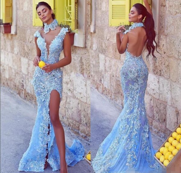 2019 light sky blue prom dresses mermaid evening gowns halter sheer back lace high split cocktail formal party dress custom made, Black;red
2019 light sky blue prom dresses mermaid evening gowns halter sheer back lace high split cocktail formal party dress custom made, Black;red