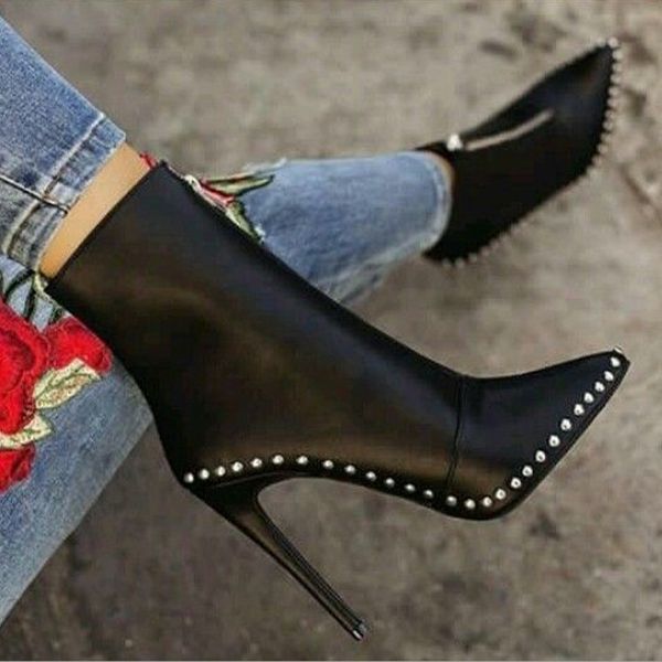 women fashion skinny ankle boots with rivets zip up stiletto high heels leather pointy toe ankle booties, Black
women fashion skinny ankle boots with rivets zip up stiletto high heels leather pointy toe ankle booties, Black