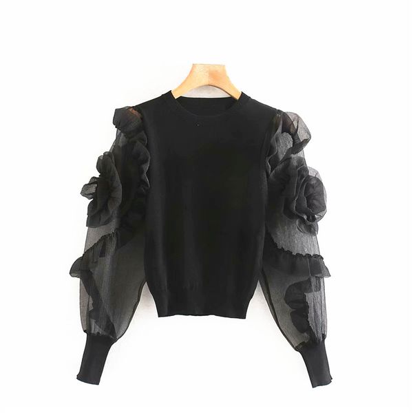 

women elegant black organza rose spliced knit blouse o-neck see through puff sleeve shirts female stylish party club blusas, White