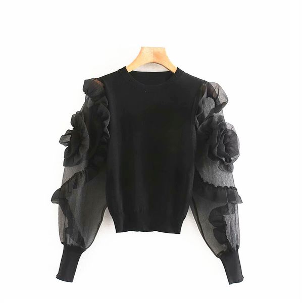 women elegant black organza rose spliced knit blouse o-neck see through puff sleeve shirts female stylish party club blusas, White
women elegant black organza rose spliced knit blouse o-neck see through puff sleeve shirts female stylish party club blusas, White
