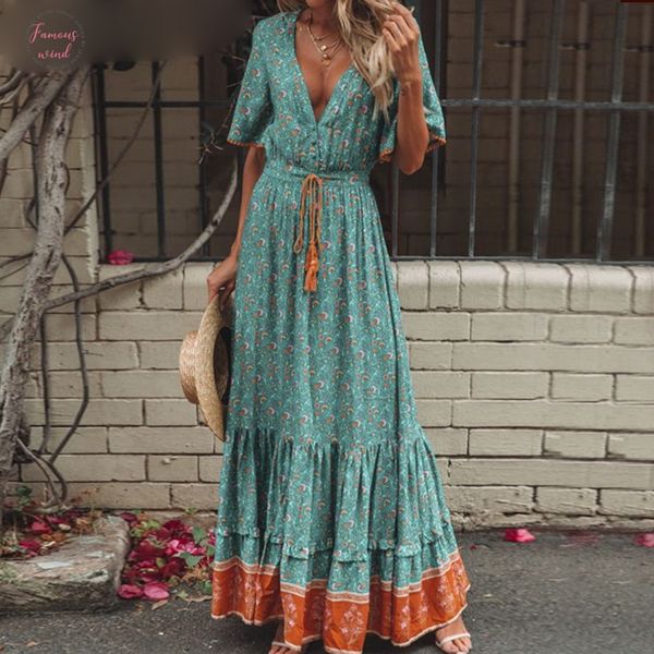 women dresses bohemian dresses print summer dress short sleeve ruffled long maxi dress v neck drawstring ladies vestidos, Black;gray
women dresses bohemian dresses print summer dress short sleeve ruffled long maxi dress v neck drawstring ladies vestidos, Black;gray
