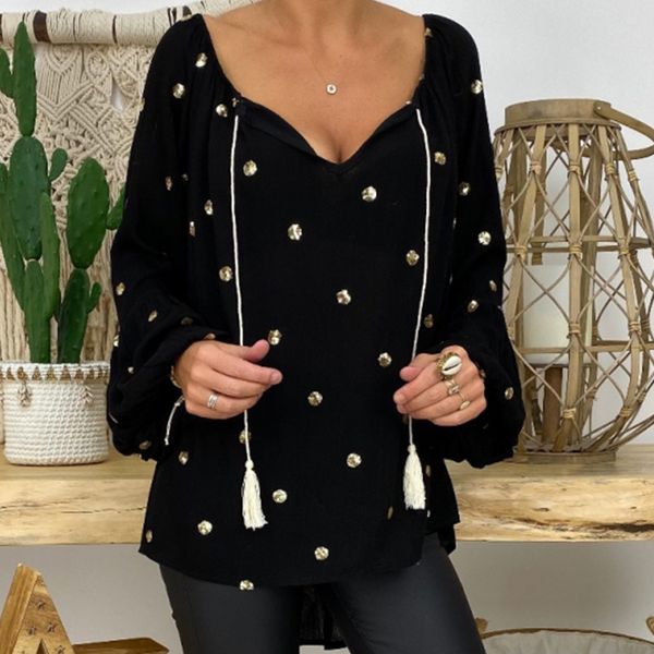 plus size women blouse v-neck tassel dots print long flare sleeve loose pullover female 2020 summer fashion long blouses, White
plus size women blouse v-neck tassel dots print long flare sleeve loose pullover female 2020 summer fashion long blouses, White