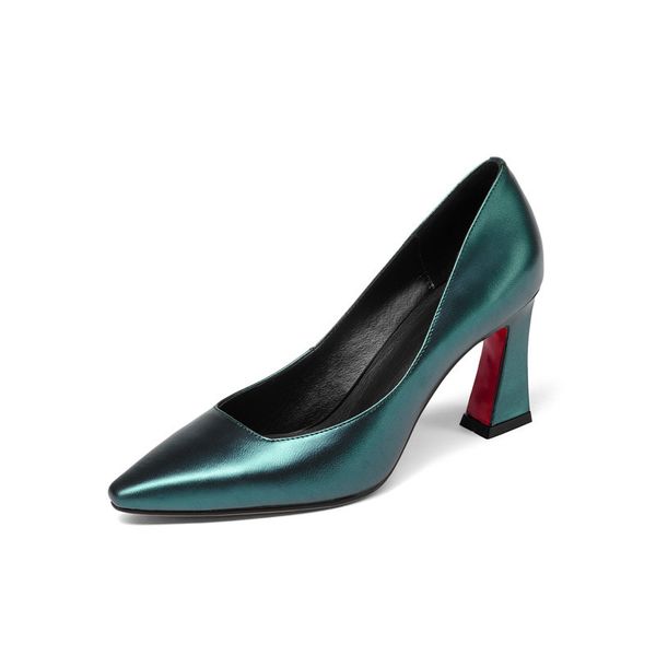 women silk surface shoes female genuine leather shoes high heel pumps spring square heels green shoes, Black