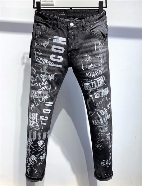 european standing men's jeans, men's jeans, a pair of skinny jeans and black embroidered skulls#01, Blue
european standing men's jeans, men's jeans, a pair of skinny jeans and black embroidered skulls#01, Blue
