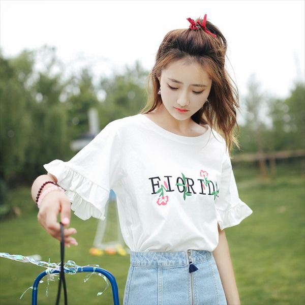 2019 t-shirt horn embroidered horn women's trumpet sleeve short sleeve t-shirt women's student fashionable embroidery, White
2019 t-shirt horn embroidered horn women's trumpet sleeve short sleeve t-shirt women's student fashionable embroidery, White