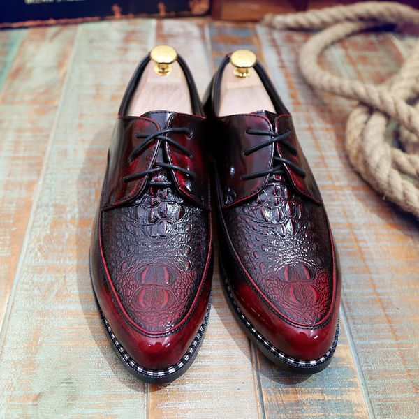 2019 new style leather shoes men's women's pointed-toe business formal wear england lace-up korean-style crocodile pattern trend, Black