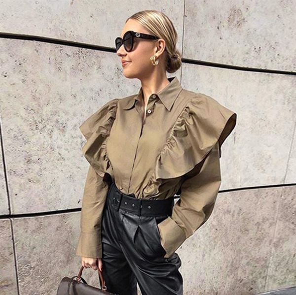 women blouse shirt khaki ruffle long sleeves elegant fashion spring summer classy lady office shirt female button, White
women blouse shirt khaki ruffle long sleeves elegant fashion spring summer classy lady office shirt female button, White