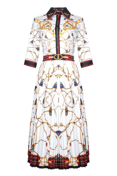 2019 spring and summer women's pleated dresses chain rope printing lapel applique embroidered bee shirt dress robe femme, Black
2019 spring and summer women's pleated dresses chain rope printing lapel applique embroidered bee shirt dress robe femme, Black