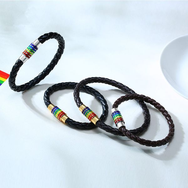 lgbt rainbow couple bracelet mens womens fashion simple pu leather braided bracelet titanium steel charm bracelet lovers fashion jewelry, Golden;silver
lgbt rainbow couple bracelet mens womens fashion simple pu leather braided bracelet titanium steel charm bracelet lovers fashion jewelry, Golden;silver