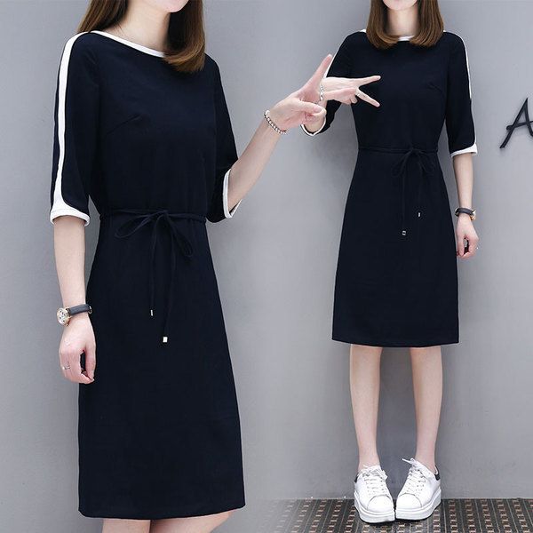 early autumn wear large size loose dress new women's stitching cover belly female student korean version, Black;gray
early autumn wear large size loose dress new women's stitching cover belly female student korean version, Black;gray