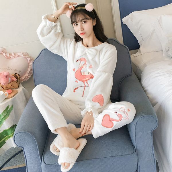 

jinuo women's winter flannel long-sleeved winter flannel home service cartoon lovely flamingo warm pajama set, Blue;gray