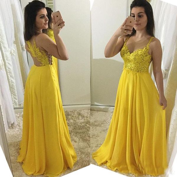 Sparkly Lace Appliques Yellow Long Prom Dresses 2019 Long Evening Party Gowns Sheer Neck vestido de festa longo