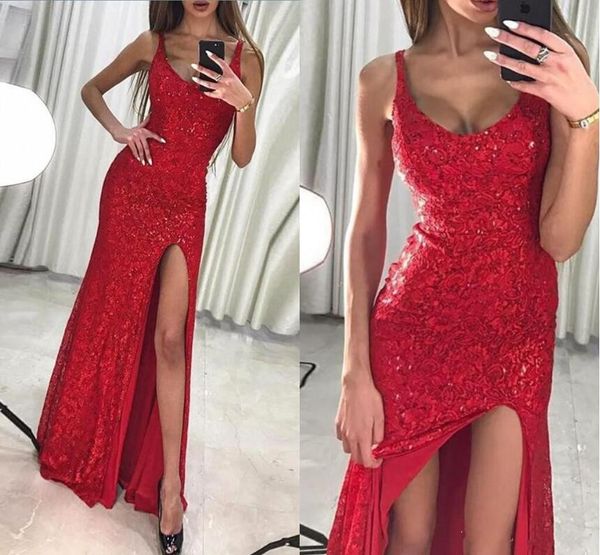 2019 red lace prom dresses spaghetti straps high side split long formal party gowns floor length mermaid evening dresses customized, Black
2019 red lace prom dresses spaghetti straps high side split long formal party gowns floor length mermaid evening dresses customized, Black