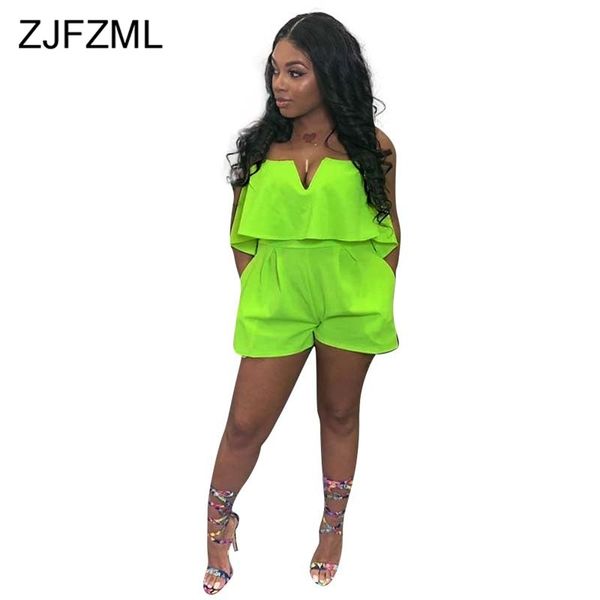 neon green v neck short playsuits women off shoulder backless beach romper summer strapless sleeveless one piece jumpsuit, Black;white