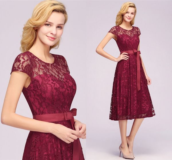 burgundy tea length lace evening prom dresses womens short cap sleeves scoop neck christmas party cocktail dress with sash cps1152, Black;red
burgundy tea length lace evening prom dresses womens short cap sleeves scoop neck christmas party cocktail dress with sash cps1152, Black;red