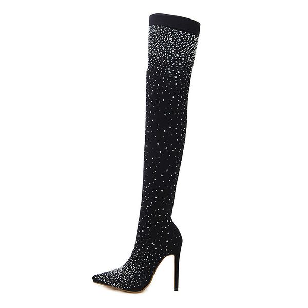 2019 fashion runway crystal stretch fabric sock boots pointy toe over-the-knee heel thigh high pointed toe woman boot, Black
2019 fashion runway crystal stretch fabric sock boots pointy toe over-the-knee heel thigh high pointed toe woman boot, Black