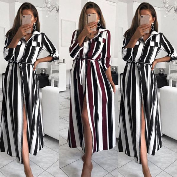 new fashion women colourful striped dress v neck spilt dress ladies boho casual party long maxi button tunic shirt, Black;gray
new fashion women colourful striped dress v neck spilt dress ladies boho casual party long maxi button tunic shirt, Black;gray