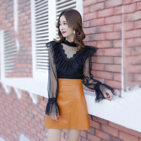 fashion trend new women's clothing flare sleeve autumn thin ruffles stand lace-up patchwork dot mesh full ladies office blouse, White
fashion trend new women's clothing flare sleeve autumn thin ruffles stand lace-up patchwork dot mesh full ladies office blouse, White