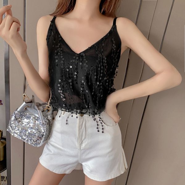 b 2019 v-neck summer tassel women sparkling sequined camisole solid sleeveless sling bottoming stretch cropped, White
b 2019 v-neck summer tassel women sparkling sequined camisole solid sleeveless sling bottoming stretch cropped, White