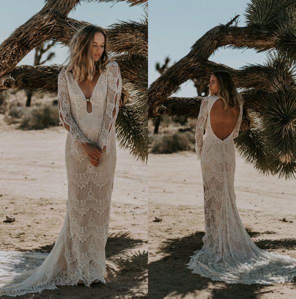 2019 bohemian wedding dresses v neck lace long sleeve sweep train backless vintage beach wedding dress mermaid gowns robe de mariée, White
2019 bohemian wedding dresses v neck lace long sleeve sweep train backless vintage beach wedding dress mermaid gowns robe de mariée, White