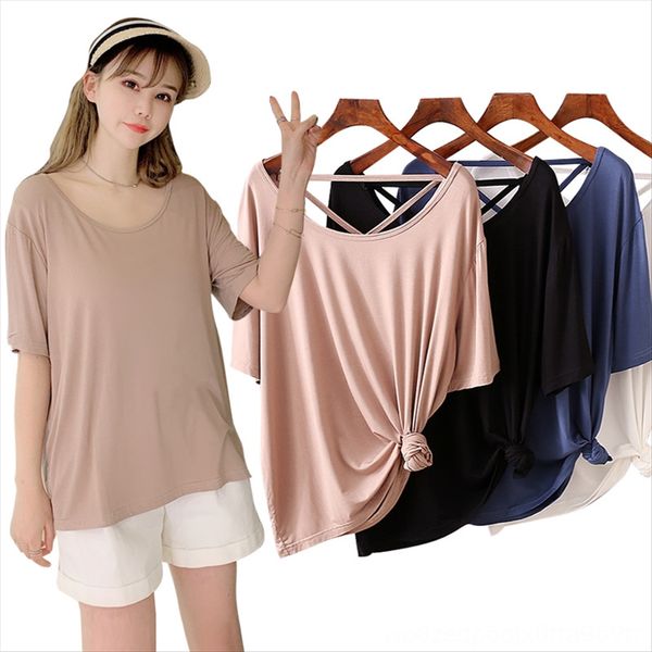 t- female 2019 short-sleeved loose women's modal backless round neck base shirt shirt, White 
t- female 2019 short-sleeved loose women's modal backless round neck base shirt shirt, White