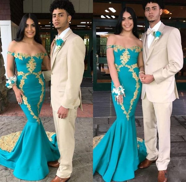Sexy New Designer Off Shoulder New Mermaid Prom Dresses Applique Floor Length Formal Gold Prom Dress vestidos