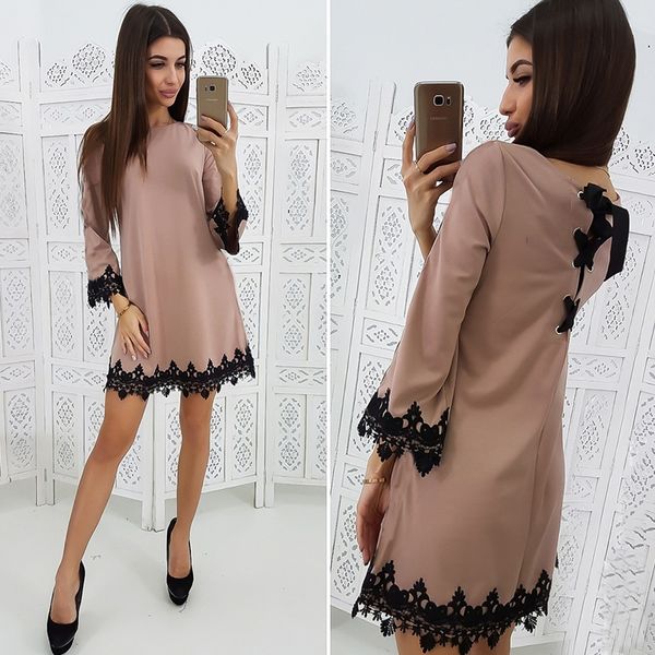 Women Casual Back Sashes Lace Patchwork Flare Sleeve Dress Ladies o Neck Sweet Mini Dress Spring Elegant Women Straight Dress
Women Casual Back Sashes Lace Patchwork Flare Sleeve Dress Ladies o Neck Sweet Mini Dress Spring Elegant Women Straight Dress