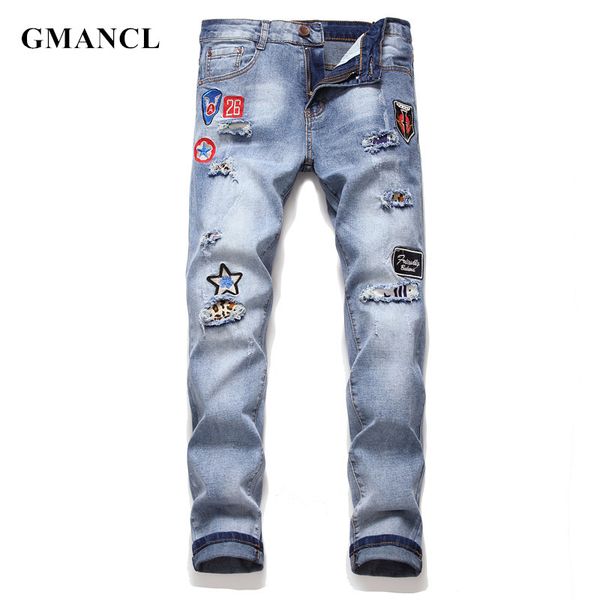 men ripped skinny jeans streetwear knee holes badge embroidery destroyed patch male stretch casual joggers denim trousers, Blue
men ripped skinny jeans streetwear knee holes badge embroidery destroyed patch male stretch casual joggers denim trousers, Blue