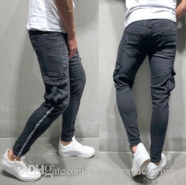 men black ripped pencil pants spring autumn big pockets designer striped letters zipper biker jeans, Blue
men black ripped pencil pants spring autumn big pockets designer striped letters zipper biker jeans, Blue